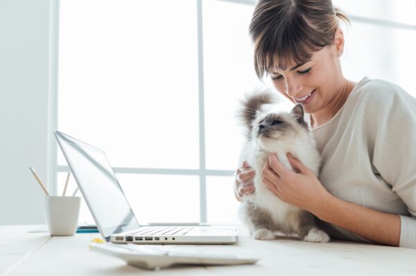 Woman cuddling cat while working at Kelowna marketing agency