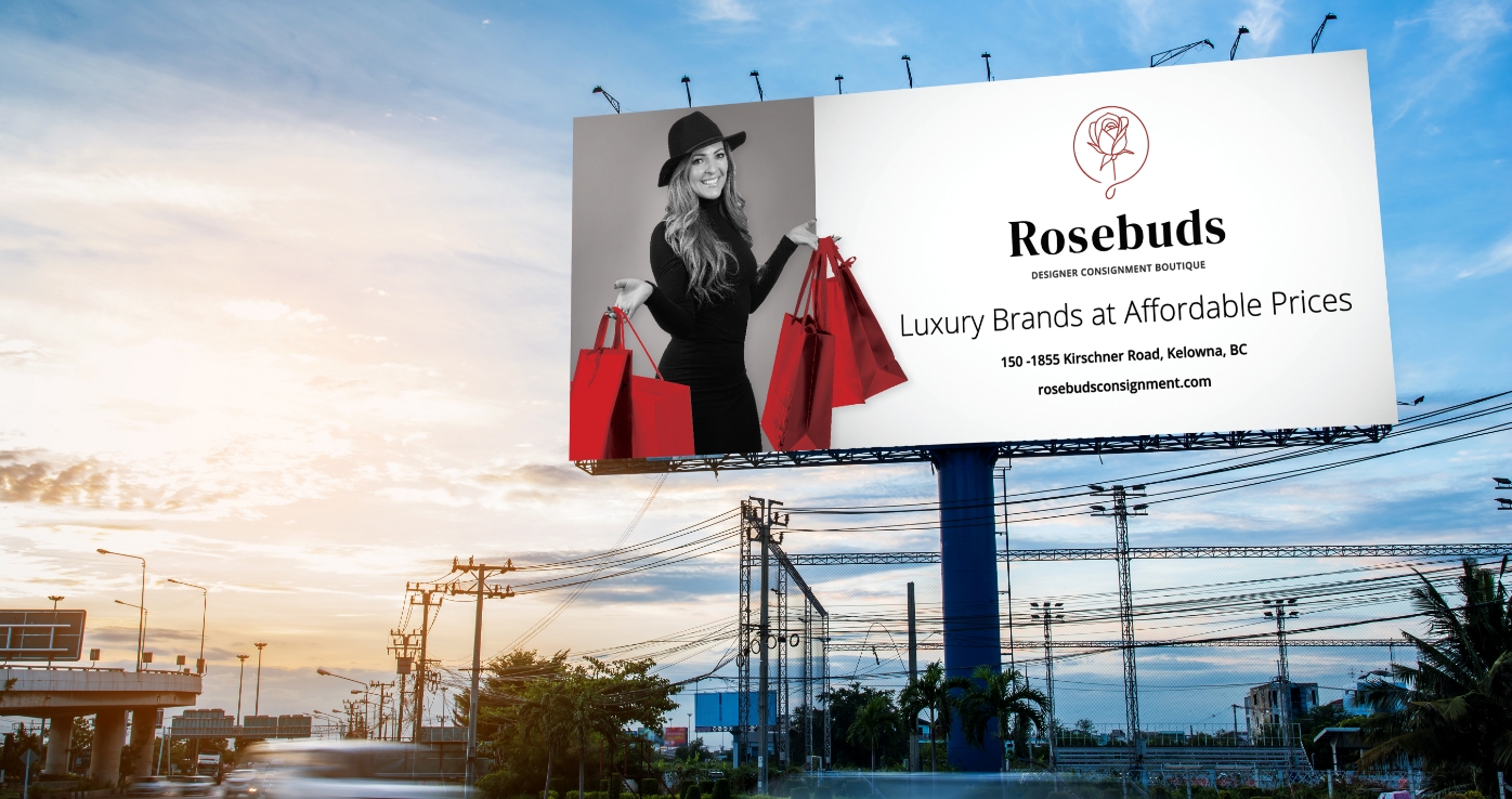 Rosebuds Consignment billboard design mockup